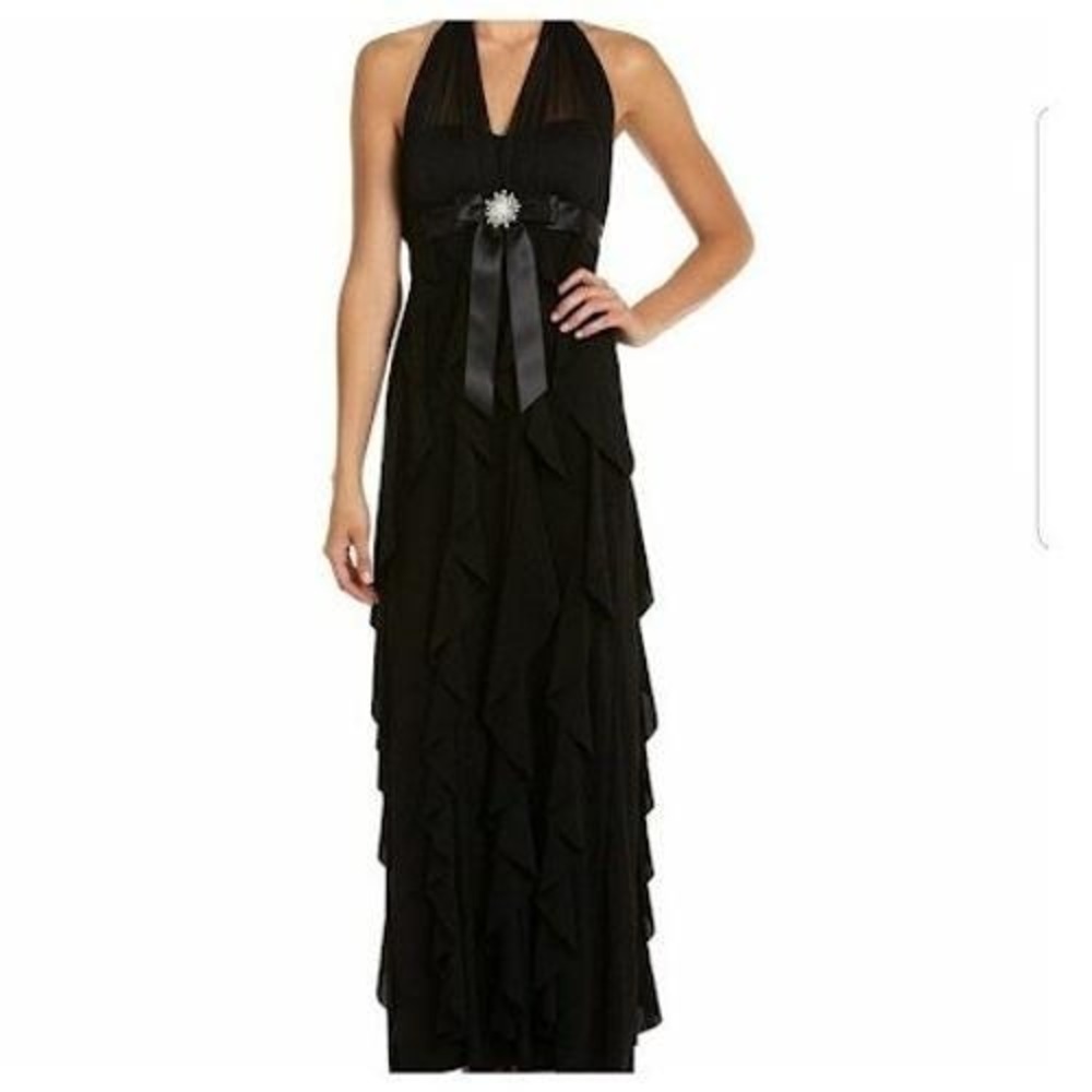 Vintage Y2K Betsy & Adam Black Tie Ruffle‎ Halter Gown Starburst Brooch Gown 4